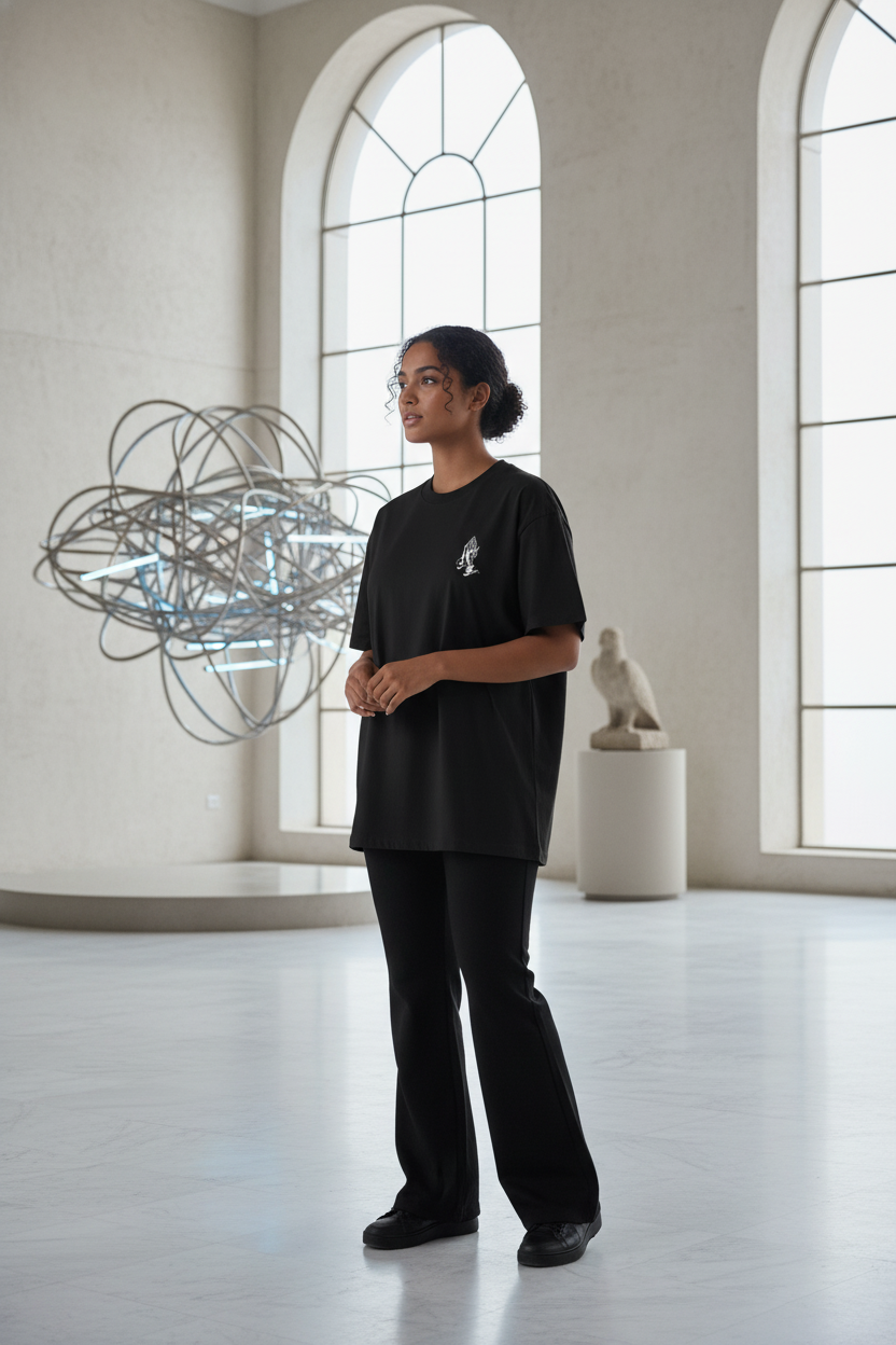 A diverse model wearing a black oversized tee with "Blessed" printed on it, in a minimalist, elegant setting with black, whit