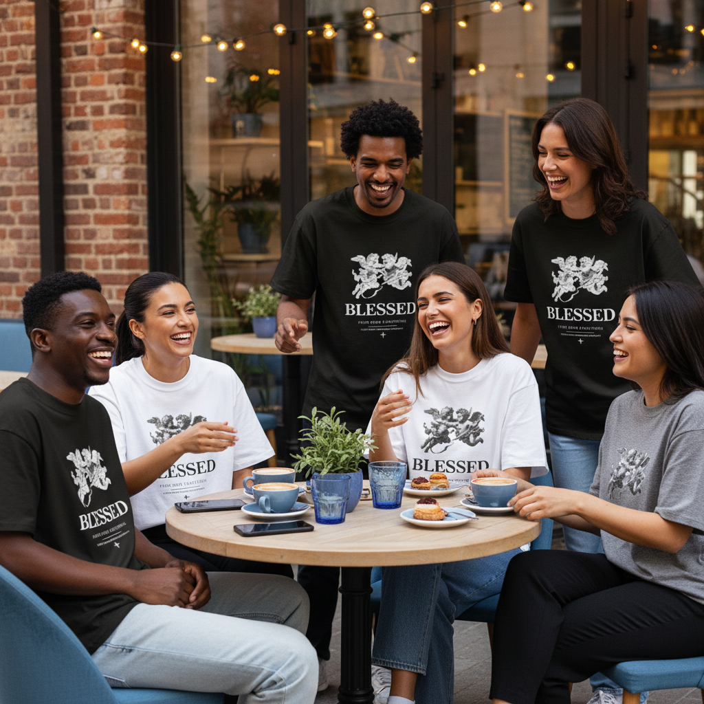 Diverse friends wearing white, black, and gray "Blessed - Oversized Tees" laughing at an outdoor cafe with blue accents.