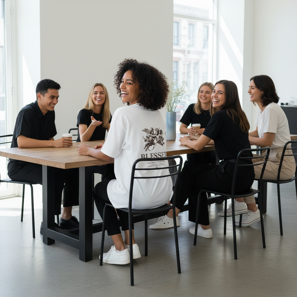Diverse friends in a cafe, one wearing a white oversized 'Blessed' tee, laughing and interacting naturally in a candid, elega