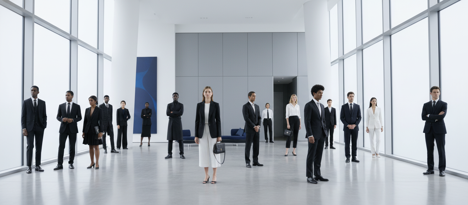 Diverse group of elegantly dressed people in a modern architectural space with natural light and subtle blue accents.