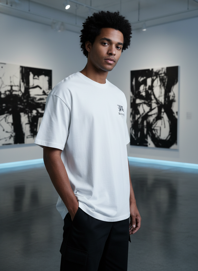 Diverse model wearing a white oversized "Blessed" tee, styled elegantly against a clean black, white, and gray background wit