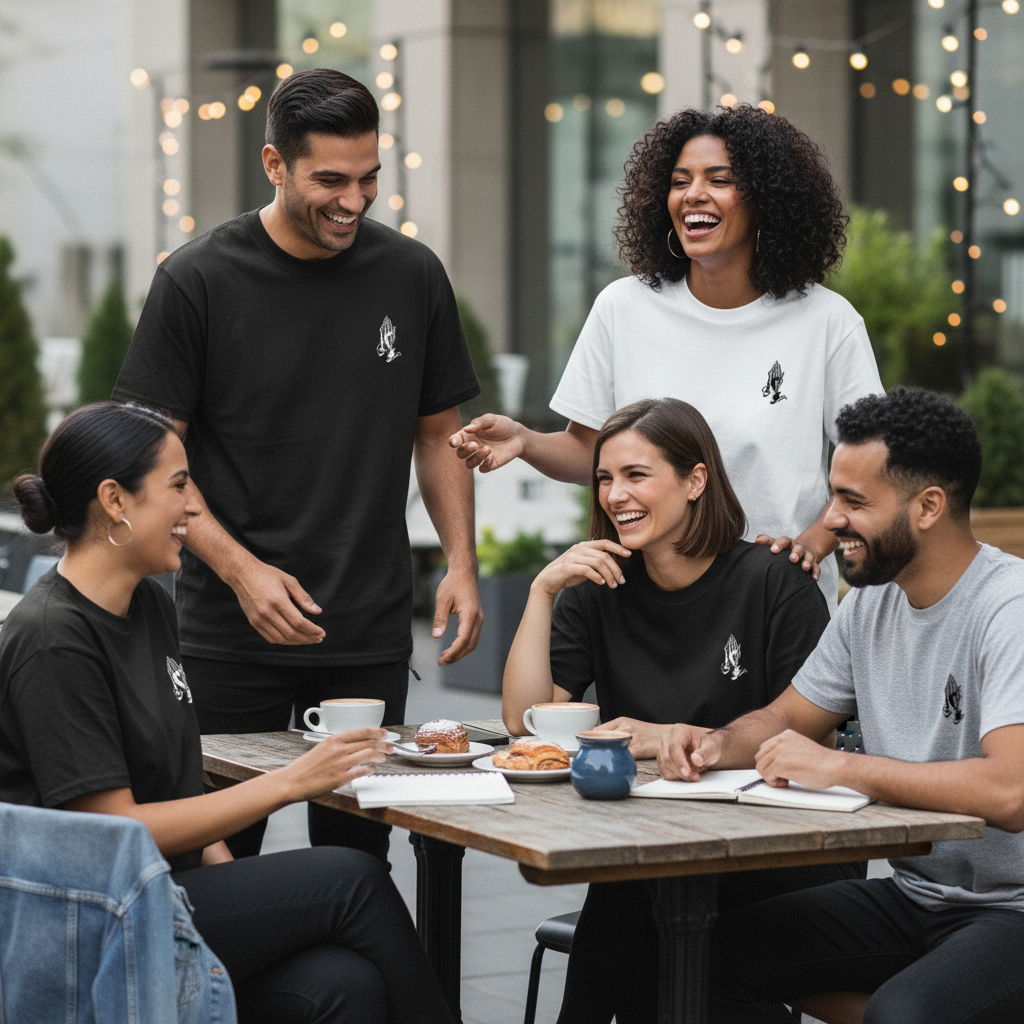 A diverse group of friends in their early 20s to early 30s, candidly laughing and interacting while wearing the "Blessed - Ov