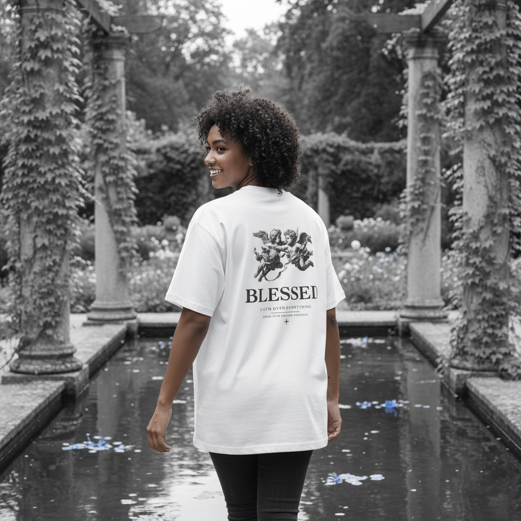 A diverse model wears a white oversized 'Blessed' tee in a natural, elegant setting, captured in a candid, editorial style.