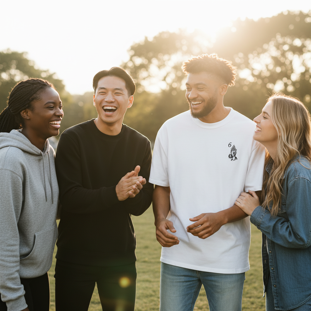 A diverse group of friends in a park, one wearing a white oversized tee with "Blessed" printed on it, captured in a candid, s